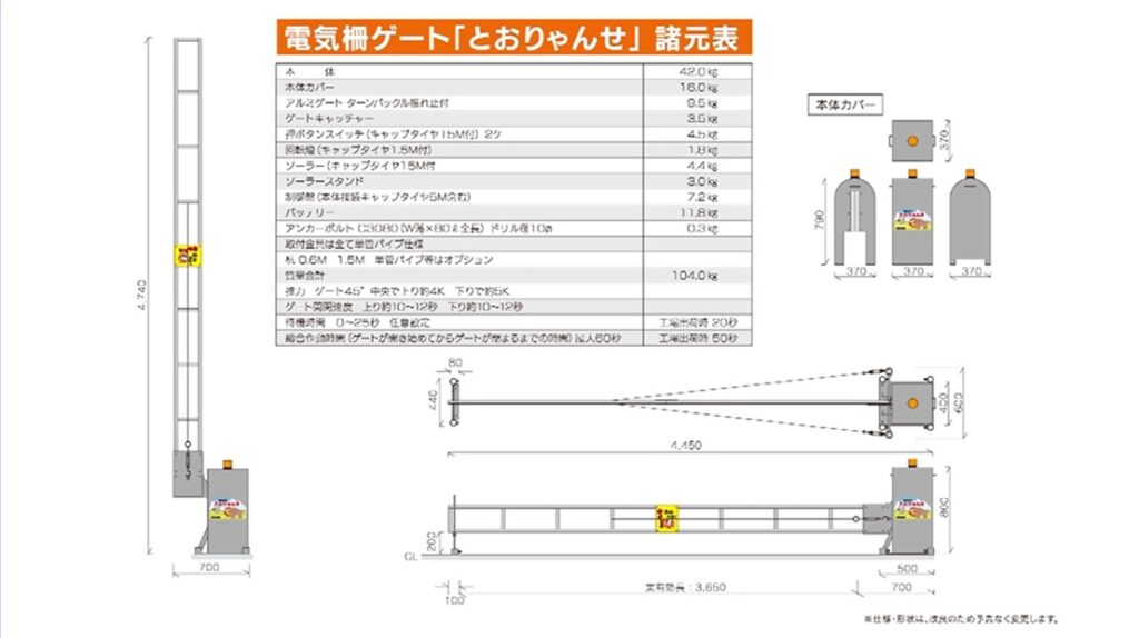 電気柵ゲート「とおりゃんせ」諸元表