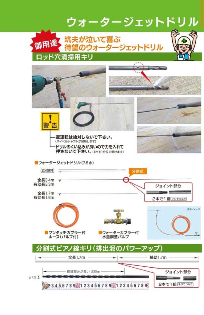 ウォータージェットドリル
ロッド穴清掃用キリ
分割式ピアノ線キリ
排出泥のパワーアップ