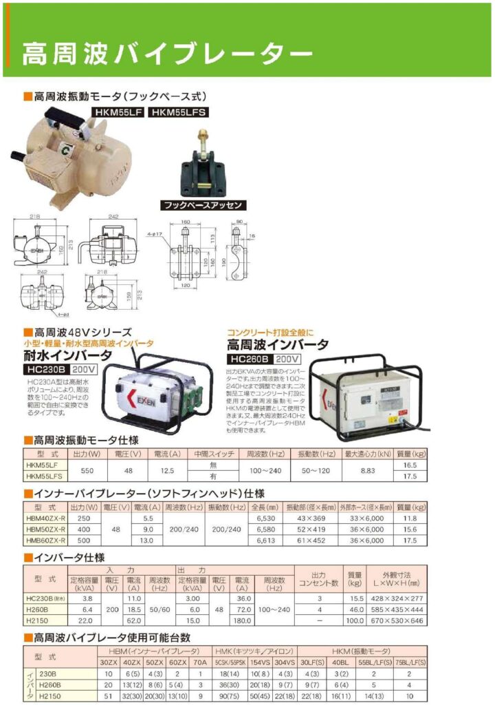 高周波バイブレーター
高周波振動モータ（フックベース式）
耐水インバータ
高周波インバータ